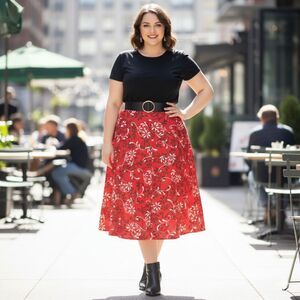 Vintage CJ Banks Floral Midi Skirt Red Cottage Office Flowy Twirl Womens sz 22W